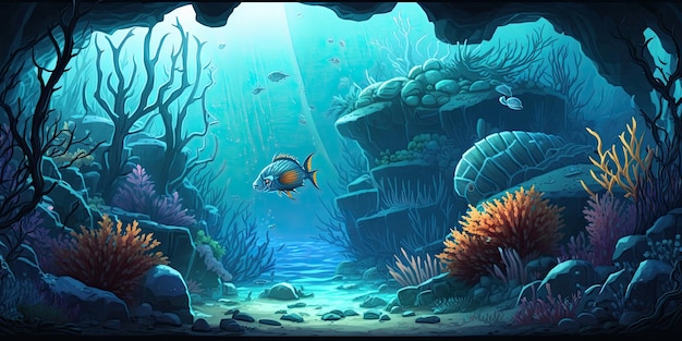 Ambiente de fundo do mar 2D subaquático para um jogo móvel de arena de batalha Generative ai