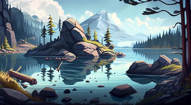 Ambiente de fundo Lake 2D para um jogo para celular Uma paisagem de fundo horizontal de alta qualidade Localização do design do modelo de jogo Generative ai