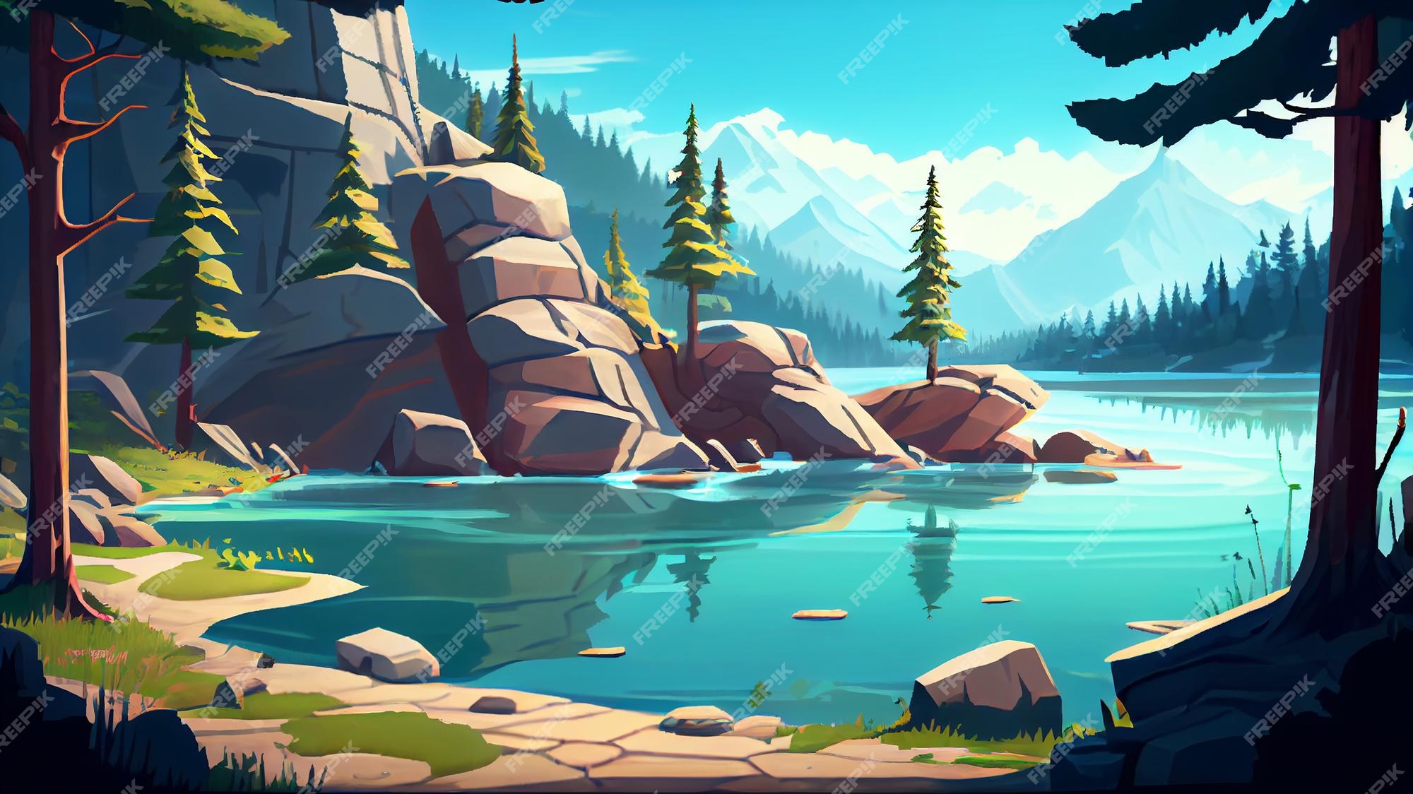 Fundo do jogo 2d, paisagem de uma pequena casa perto do lago