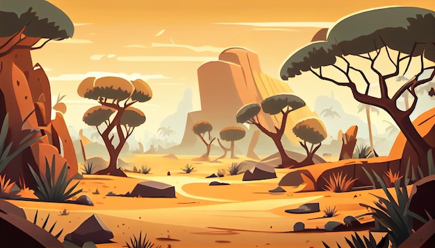 Ambiente de fundo Savanna 2D para um jogo para celular Uma paisagem de fundo horizontal de alta qualidade Localização do design do modelo de jogo Generative ai