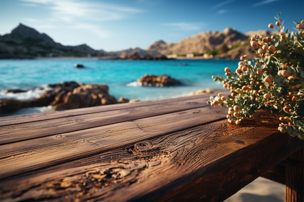 Ambiente de ilha Mar e céu turvos atrás de uma mesa de madeira, uma cena convidativa