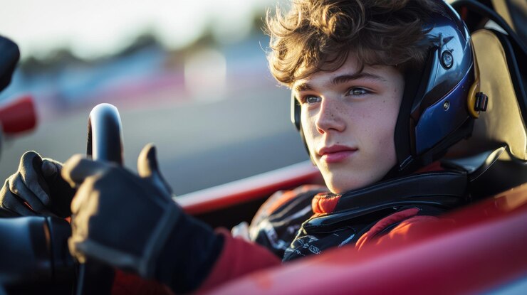 Foto ambiente de pista de corrida de alta velocidade com um jovem em equipamento de corrida dirigindo um carro esportivo com intensidade e foco rapidamente olhando para seu telefone enquanto agarra o volante