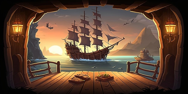 Foto ambiente de plano de fundo do navio pirata 2d para um jogo móvel de arena de batalha generative ai