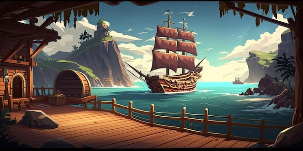 Ambiente de plano de fundo do navio pirata 2D para um jogo móvel de arena de batalha Generative ai