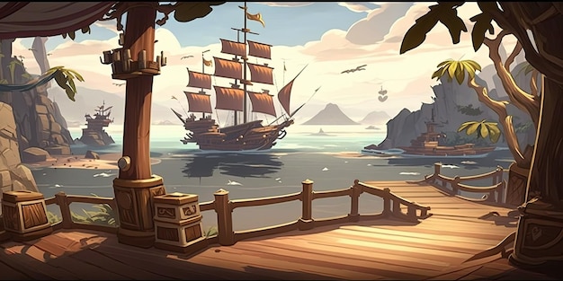 Ambiente de plano de fundo do navio pirata 2D para um jogo móvel de arena de batalha Generative ai