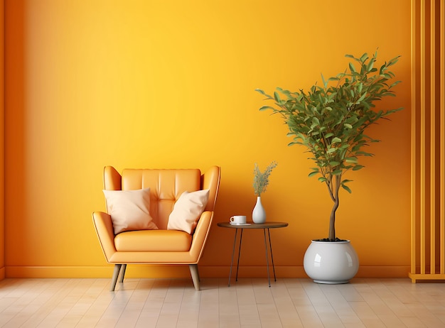 Ambiente de sala de estar com cadeira vazia e parede amarela