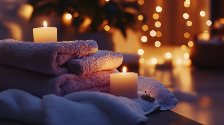 Foto ambiente de spa com toalhas e velas para relaxamento