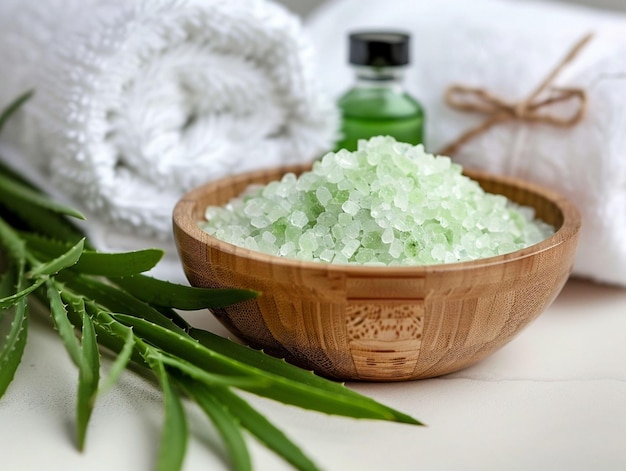 Ambiente de spa relaxante com tigela de madeira com sal verde e aloe sobre pano de toalha enrolado