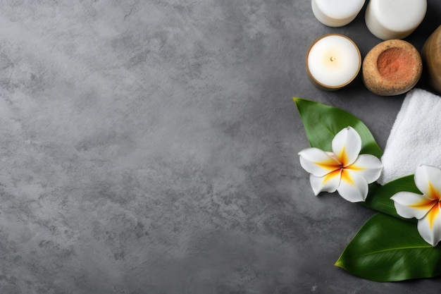 Foto ambiente de spa saudável e de bem-estar com flores em fundo de pedra gerado por ia