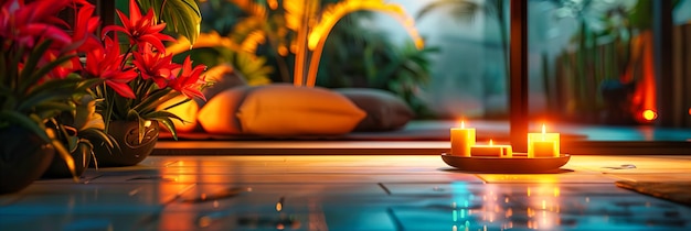 Foto ambiente de spa zen com velas e pedras oferecendo um cenário pacífico para relaxamento e bem-estar