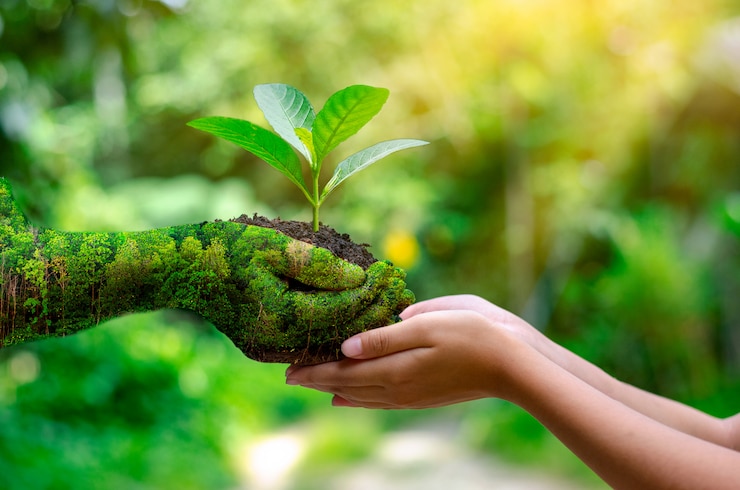 Foto ambiente dia da terra nas mãos das árvores que cultivam mudas.