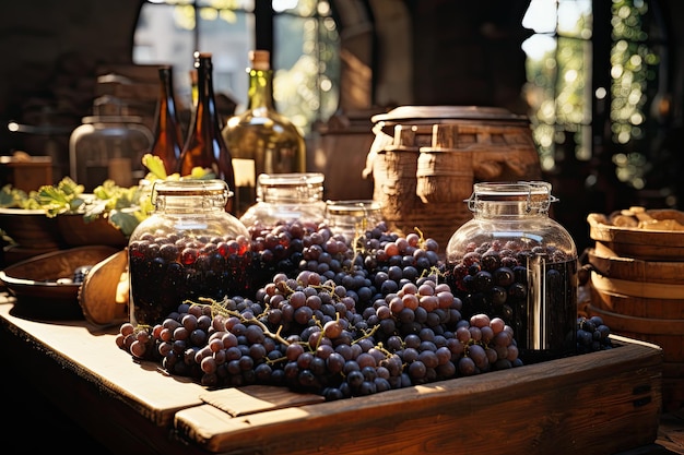 Foto ambiente doméstico aconchegante para a fabricação e armazenamento de vinho caseiro, incluindo o equipamento necessário e o processo de vinificação