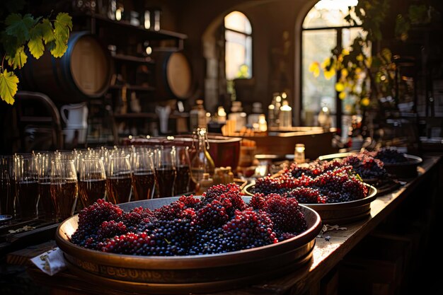 Foto ambiente doméstico aconchegante para a fabricação e armazenamento de vinho caseiro, incluindo o equipamento necessário e o processo de vinificação