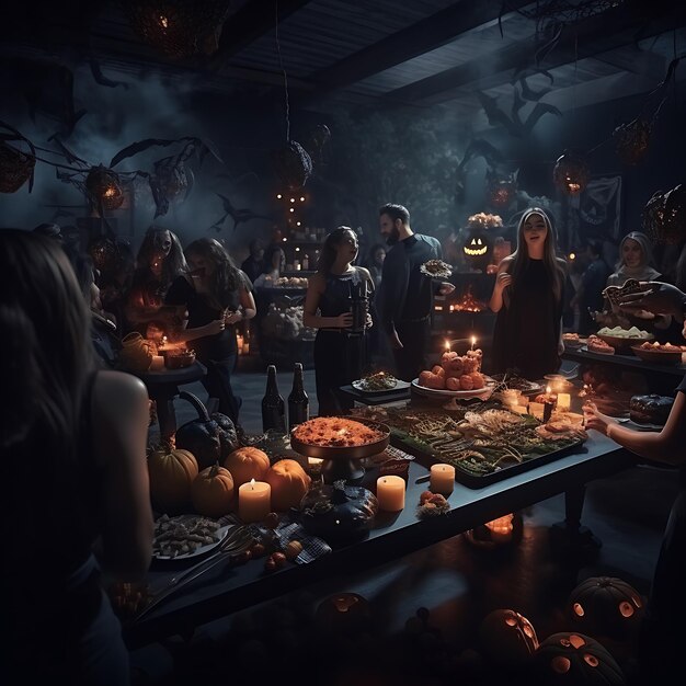 Un ambiente espeluznante en una fiesta de Halloween los invitados se visten para la ocasión bebiendo cócteles