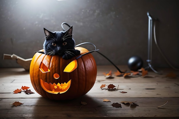 ambiente espeluznante de halloween calabaza con gato negro