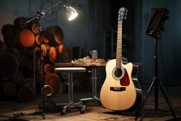 El ambiente del estudio de grabación enriquecido por la presencia de una guitarra acústica