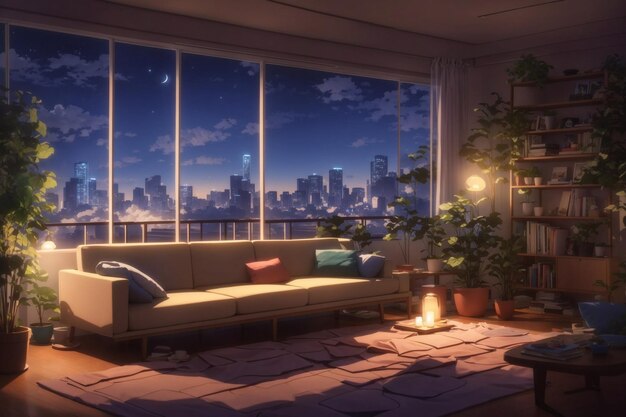 El ambiente de una habitación de apartamento por la noche