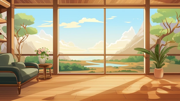 ambiente interior pacífico de la habitación con una hermosa vista del paisaje