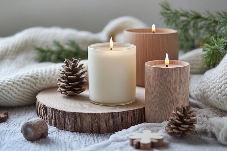 Ambiente invernal acogedor con velas, piñones y decoración natural en un entorno interior sereno