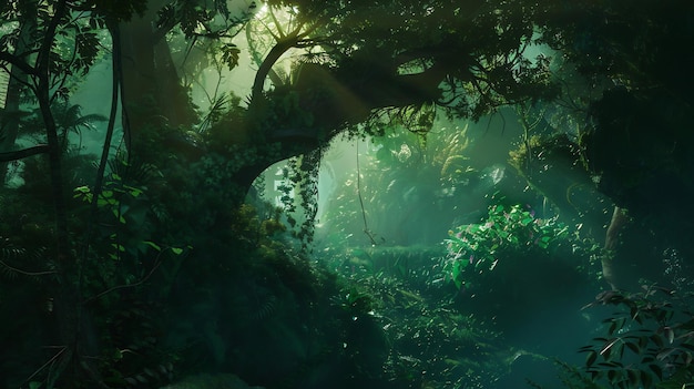 Ambiente místico da floresta encantada com luz suave iluminando a folhagem exuberante e verde