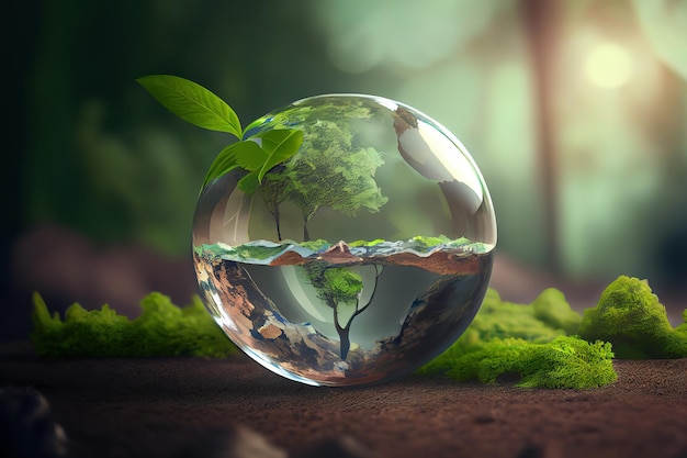 Ambiente mundial e conceito do dia da terra com globo de vidro e ambiente ecológico Generative Ai