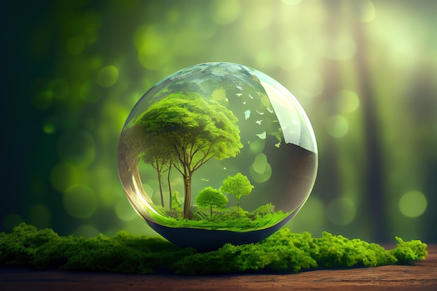 Ambiente mundial e conceito do dia da terra com globo de vidro e ambiente ecológico Generative Ai