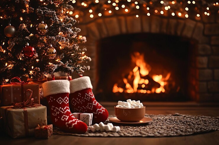 Ambiente navideño acogedor con medias junto a la chimenea y regalos alrededor del árbol IA generativa