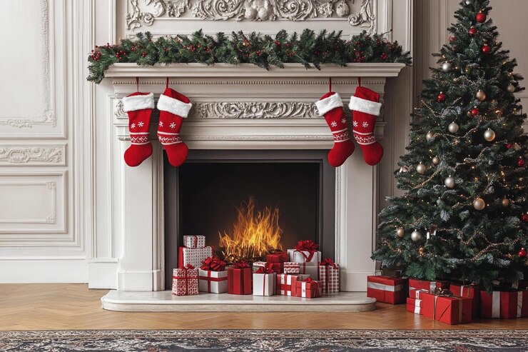 Un ambiente navideño acogedor con medias, regalos y una chimenea brillante.