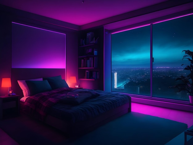 Ambiente nocturno Una habitación iluminada por luces RGB con una computadora