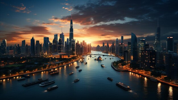 Ambiente nocturno Puesta de sol con el horizonte de la ciudad en Emiratos Cielos nublados con rascacielos con vistas a G