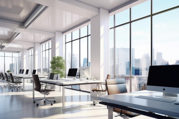 Ambiente de oficina brillante y limpio fondo abstracto oficina brillante con plantas y ventanas grandes
