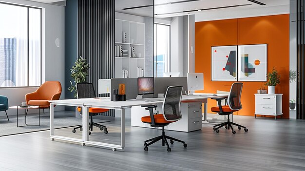 Ambiente de oficina moderno con elementos de diseño elegante y acentos vibrantes destacados por un marco blanco prístino que ofrece un espacio para el pensamiento imaginativo