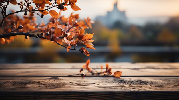 Ambiente de otoño Mesa de madera y hojas contra un fondo desenfocado