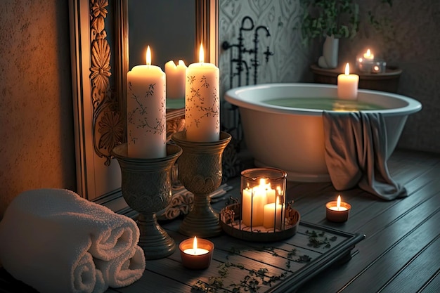 Ambiente romántico para dos con velas en el baño creado con ai generativo