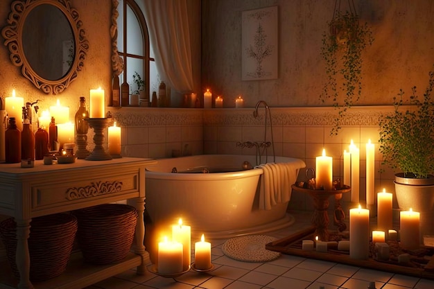 Ambiente romántico con luces de velas en baño con velas creadas con ai generativo