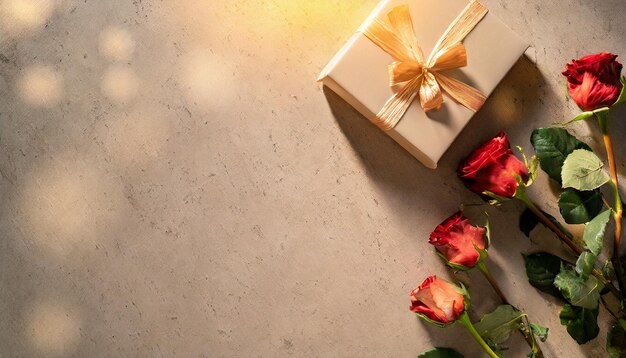 El ambiente romántico de la puesta de sol enmarca una mesa adornada con una caja de regalos y rosas que evocan amor y calidez.