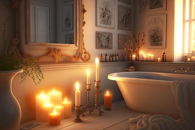 Ambiente romántico suave en el interior del baño ai generativo a la luz de las velas