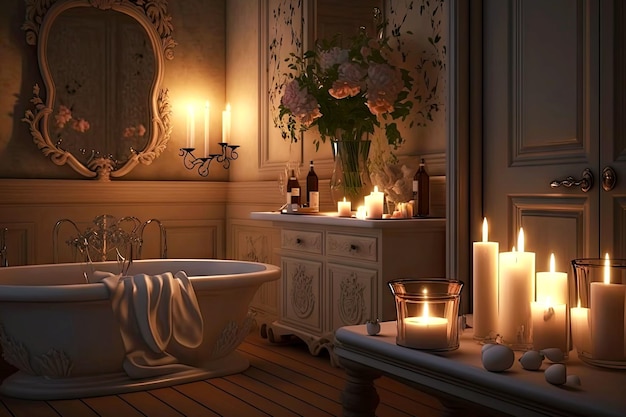 Ambiente romántico suave en el interior del baño ai generativo a la luz de las velas