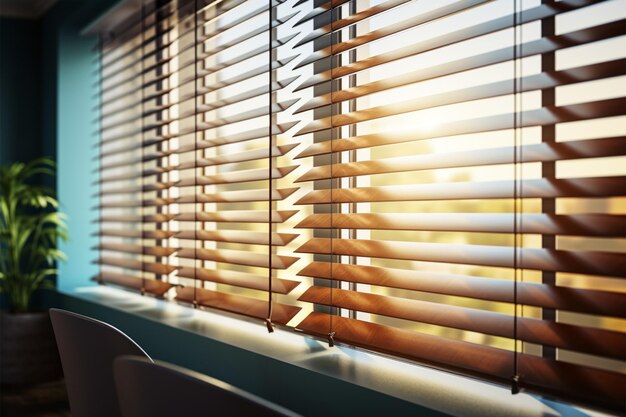 Ambiente de sala de reuniones controlado por modernas persianas de madera para oficina