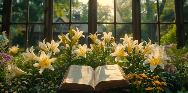 Ambiente sereno de la capilla con lirios iluminados por el sol y Biblia abierta