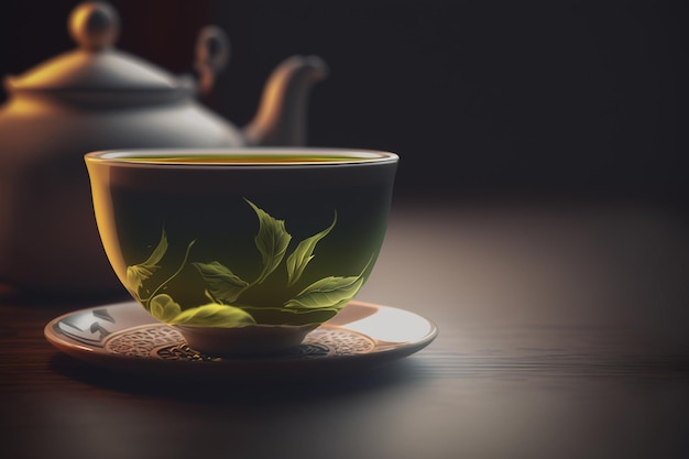 Ambiente sereno com um copo de chá verde