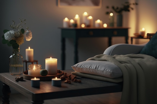 Ambiente sereno com velas perfumadas cama de massagem Generative AI