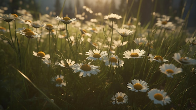 Ambiente sereno Las flores de manzanilla florecen a la luz del atardecer