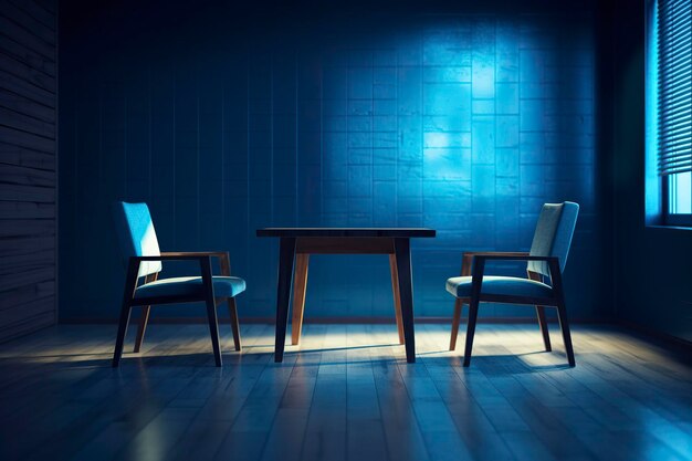 Ambiente sereno de una habitación minimalista con poca iluminación azul con sólo una silla y una mesa AI Generado