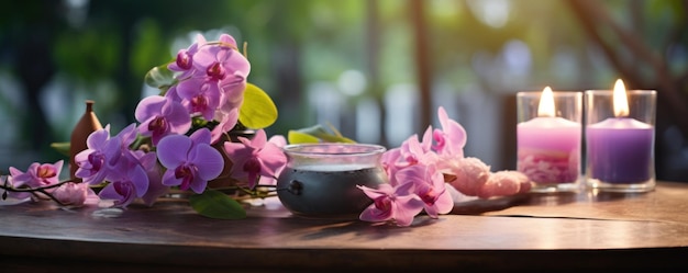 Ambiente sereno del spa con velas y orquídeas