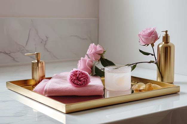 Ambiente de spa con bañera blanca, toalla rosa y bandeja dorada con productos para el cuidado de la piel