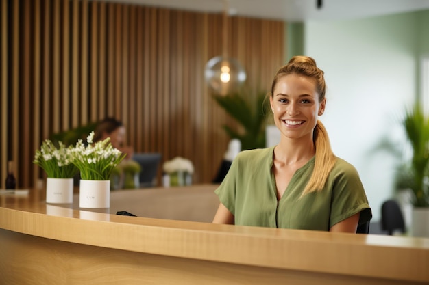 Ambiente de spa contemporáneo. Recepcionista con actitud amigable da la bienvenida a los visitantes.