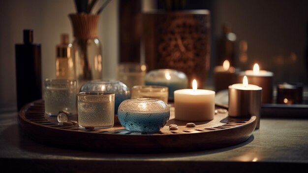 Ambiente de spa con velas y sal en una mesa de madera ai generativa