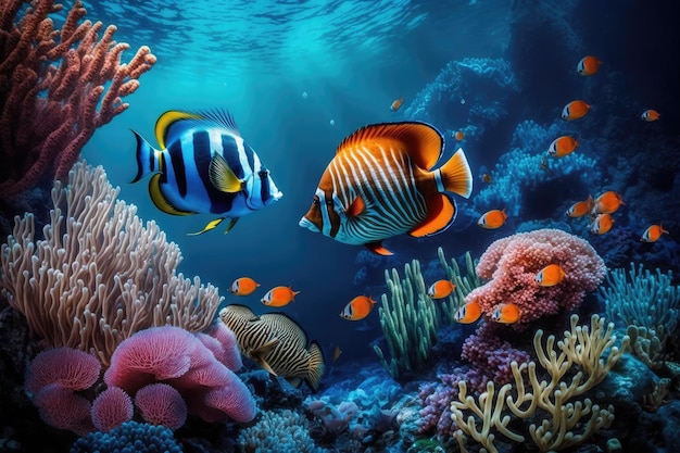 Ambiente subaquático incrível e deslumbrante com corais e peixes tropicais