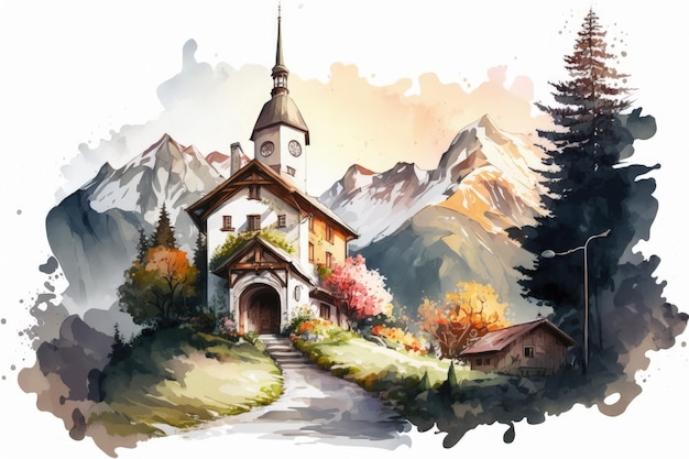 Ambiente típico dos Alpes Imagem criada em aquarela